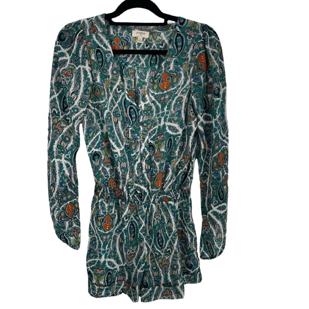 Umgee Boho Paisley Print Flare Bell Sleeve V-Neck Romper Summer Fun - Sz S